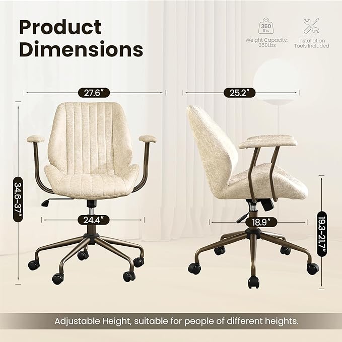Home Office Desk Chair, Mid-Century Modern Office Chair with Adjustable Lumbar Support, Adjustable Height Executive Task Chair with 360 Rolling Swivel for Meeting Study Room(Mid Back, Beige)