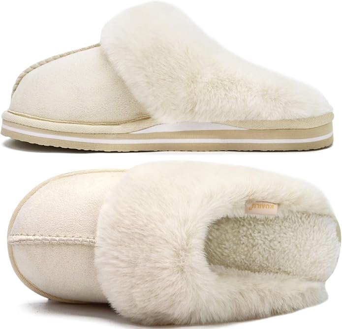 KuaiLu Womens Fluff Dual Memory Foam Slippers Ladies Cozy Arch Support Warm Scuff Slippers Slip on Comfy Winter House Shoes with Non-Slip Indoor Outdoor Hard Sole