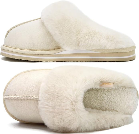 KuaiLu Womens Fluff Dual Memory Foam Slippers Ladies Cozy Arch Support Warm Scuff Slippers Slip on Comfy Winter House Shoes with Non-Slip Indoor Outdoor Hard Sole