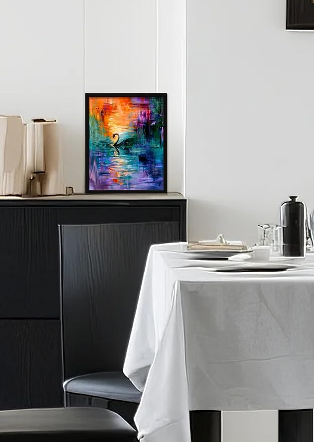 Monet Style Colorful Wall Art Prints Black Swan In The Misty Lake Poster Canvas Art Wall Decor Picture For Bedroom Dorm Office Bathroom Wall Decor Aesthetic Home Artwork 8" × 10" With Framed