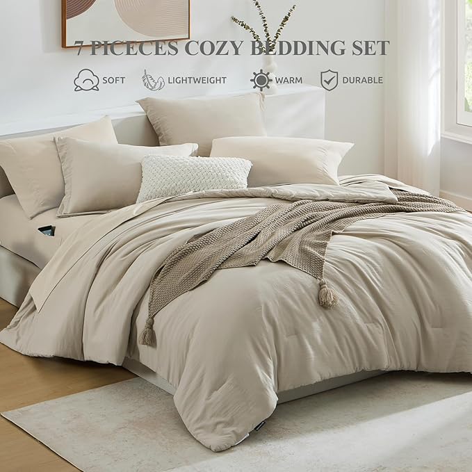 WRENSONGE Light Oatmeal Queen Comforter Set, 7 Pieces Soft Microfiber Comforters Queen Size with Fitted Sheet, Flat Sheet, 2 Pillow Shams, and 2 Pillowcases- Warm Bedding Sets Queen for All Season