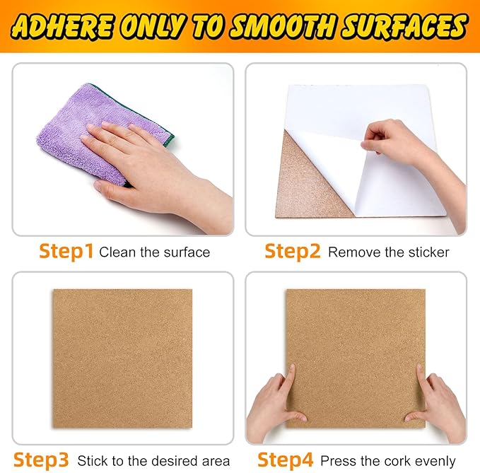 TUPARKA 4 Pack Cork Board 12"x12" - 1/4" Self-Adhesive Corkboards With 100 Push Pins, Bulletin Boards, Square Cork Tiles for Home, School, Office Decorative (4, 12"x12")