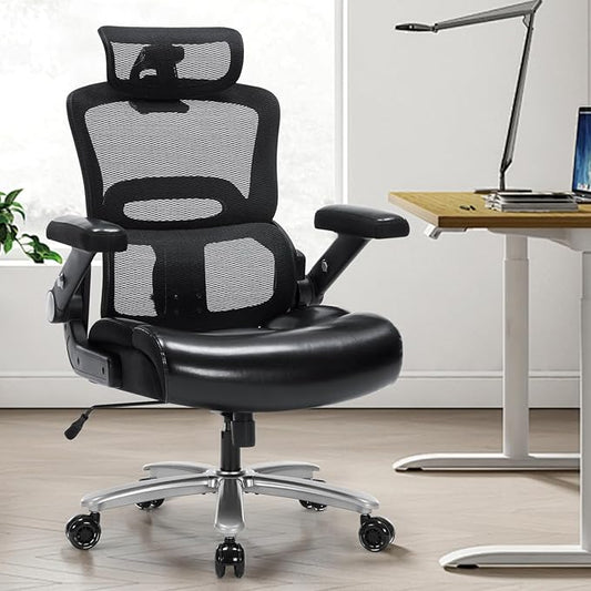 Ergonomic Office Chair:PU Leather Executive Office Computer Desk Chair with High Back Mesh and Adjustable Lumbar Support Rolling Work Swivel Task Chairs Home Meeting Computer Gaming Desk Chair-500Lbs