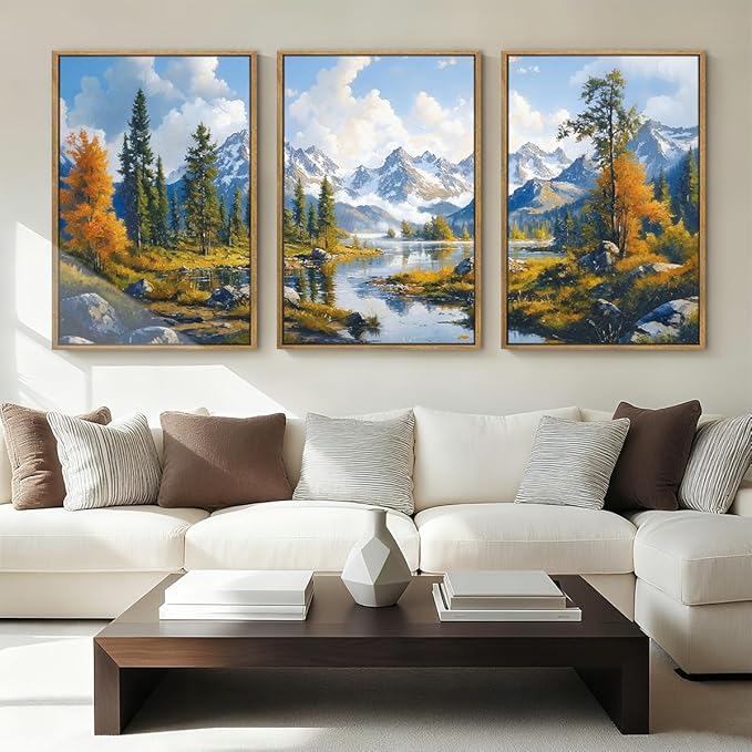 BINCUE Framed Mountain Landscape Wall Art Nature Forest Wall Decor Tree and River Art Print for Living Room Bedroom Office 16x24 Inches Set of 3