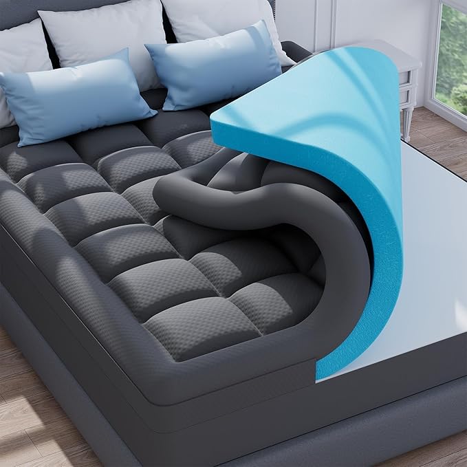 ELEMUSE Dual Layer 3 Inch Memory Foam Mattress Topper Queen, 2 Inch Cooling Gel Memory Foam Plus 1 Inch Down Alternative Pillowtop Mattress Pad with Cooling Cover, Soft Comfort Support, Grey