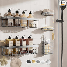 Veken Adhesive Shower Caddy 5-Pack,Heavy Weight Bearing,Large Wall Mounted Shower Shelves Rack,Organizer Storage Accessories with Soap Dish&Toothbrush Holder,Ideal for Bathroom,Home&Kitchen,Silver