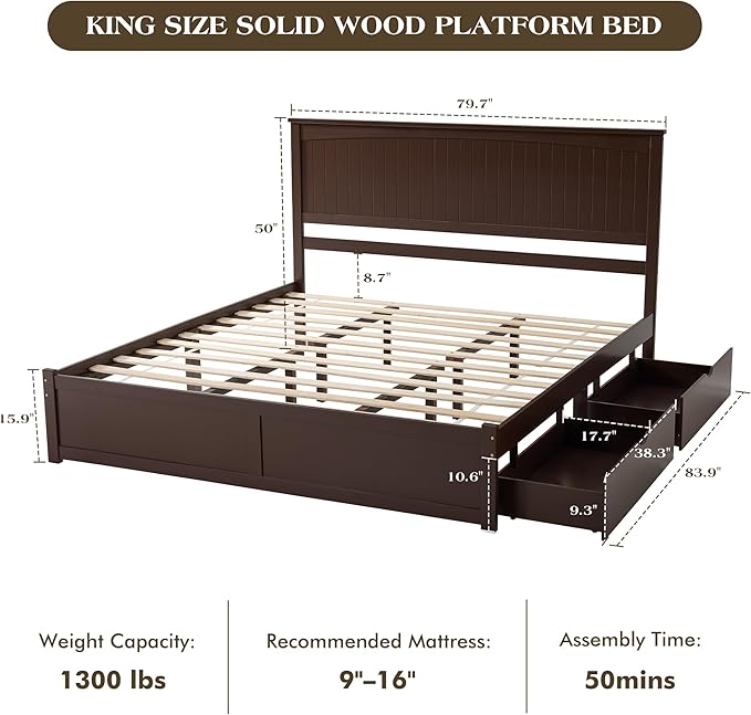 King Size Solid Wood Bed Frame with Storage, Mid-Century Modern Platform Bed with 50" Headboard & 2 Drawers, No Box Spring Needed/Quiet Support/Easy Assembly/Espresso Brown Finish