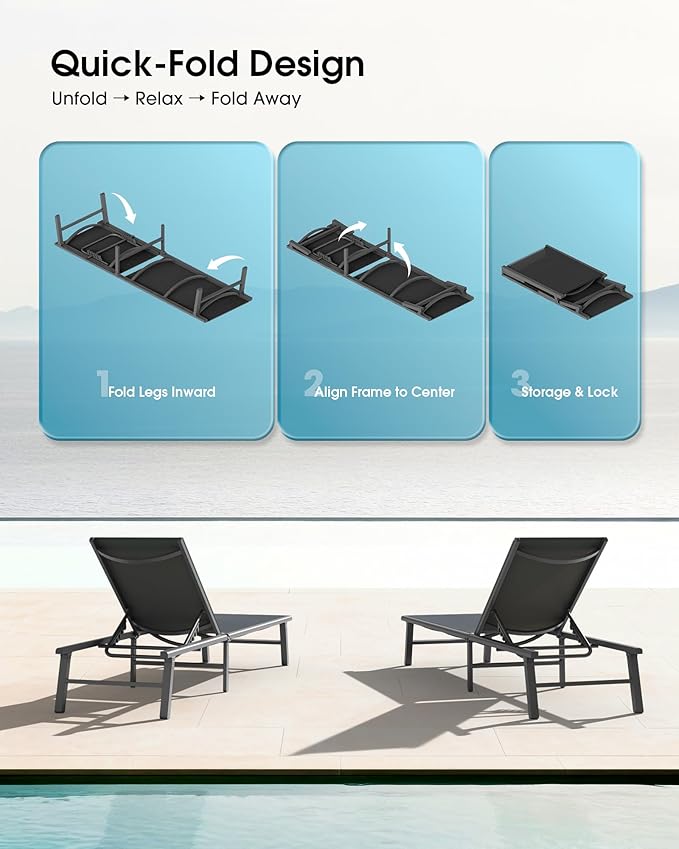 Ciokea Aluminum Outdoor Lounge Chair Set of 4- No Assembly Needed, Foldable Patio Chaise Lounge with 5 Adjustable Positions, Reinforced Frame for Extra Durability, Pool Beach Lounge Chair,Black