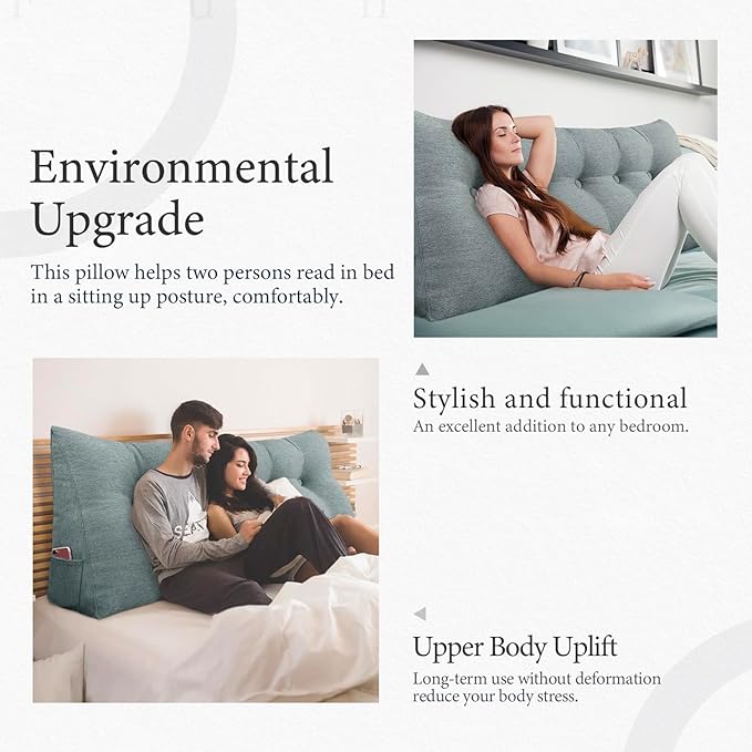 11 lbs Thickened Headboard Pillow Wedge Pillow Headboard Reading Pillow Bed for Comfortable Backrest Reading Triangular Pillow with Side Pocket Backrest Pillows for Sitting in Bed Gray Queen