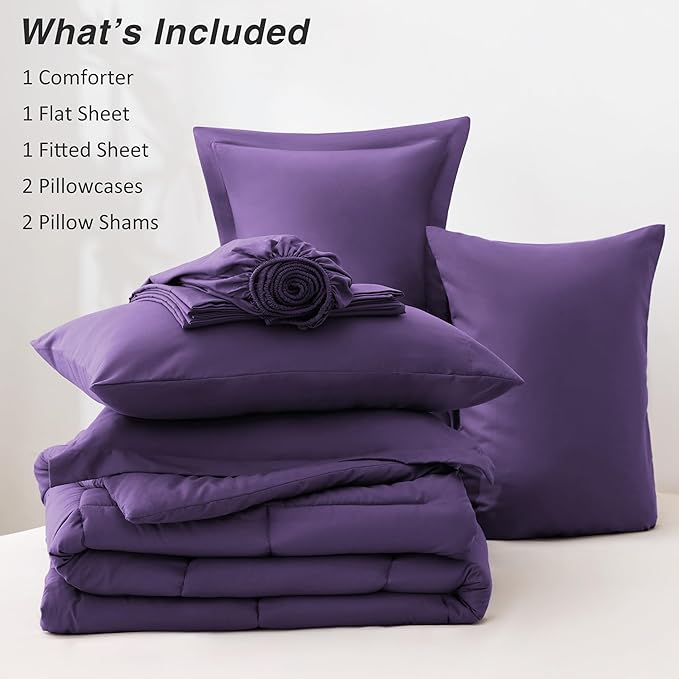 Love's cabin California King Comforter Set Dark Purple, 7 Pieces California King Bed in a Bag, All Season Bedding Sets with 1 Comforter, 1 Flat Sheet, 1 Fitted Sheet, 2 Pillowcase and 2 Pillow Sham