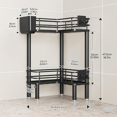 Orimade Rustproof 2 Tier Floor Standing Corner Shower Caddy Organizer with Toothbrush Holder, Large Spacing Floor Shower Shelf Rack Storage Stands with Hooks for Bathroom Kitchen, Black