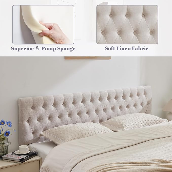 Kingfun Cal King Size Headboard Only, Modern Button Tufted Headboards, Premium Linen Fabric Upholstered Headboard with Wooden Legs, Adjustable Solid Wood Head Board, Beige