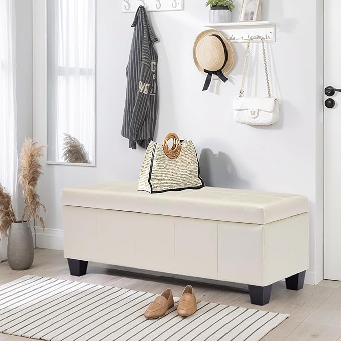 Faux Leather Ottoman with Storage, 42 Inch Rectangular Storage Ottoman Bench with Safety Hinged Lid, Large Upholstered End of Bench for Bedroom Entryway Living Room, Beige