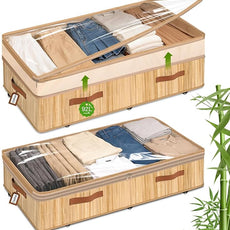 Livole Bamboo Under Bed Storage with Wheels, 6-10 inches Height Adjustable Underbed Storage Containers, 92L XXXL Large Rolling Under Bed Storage Bins for Clothes, Blankets, Sweater, Shoes, 1 Pack