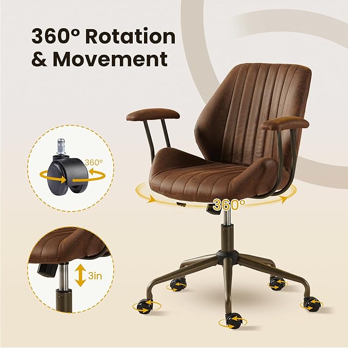 Home Office Desk Chair, Mid-Century Modern Office Chair with Adjustable Lumbar Support, Adjustable Height Executive Chair with 360 Rolling Swivel for Meeting Study Room(Mid Back, Dark Brown)