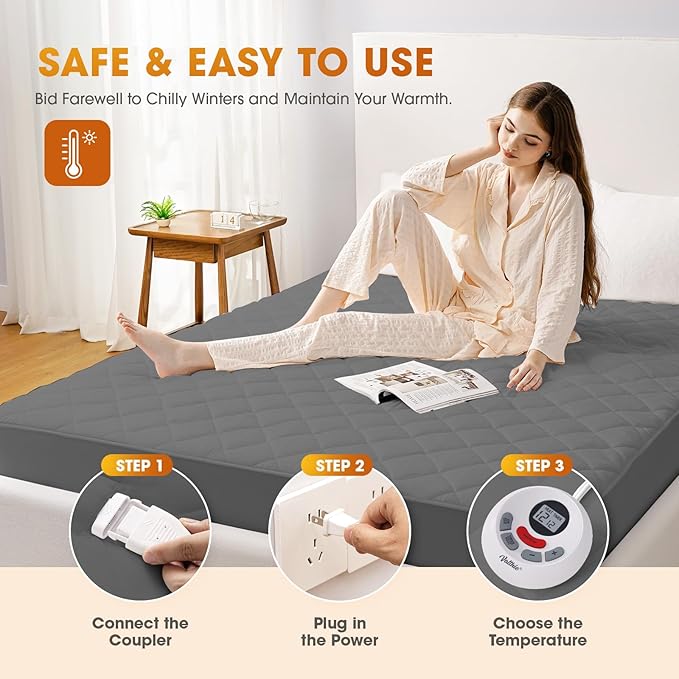 Heated Mattress Pad Queen Size,Dual Controller Electric Mattress Pad with Preheat Functions,Bed Warmer with 12 Heat Settings & 1-12 Hours Auto Shut Off,Machine Washable(60"x80",Grey)