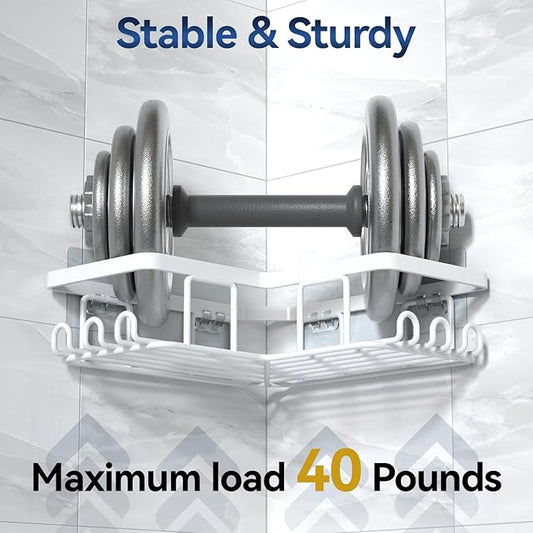 YASONIC Corner Adhesive Shower Caddy, with Soap Holder and 12 Hooks, Rustproof Stainless Steel Bathroom Organizer, No Drilling Wall Mounted Rack, White, 3-Pack