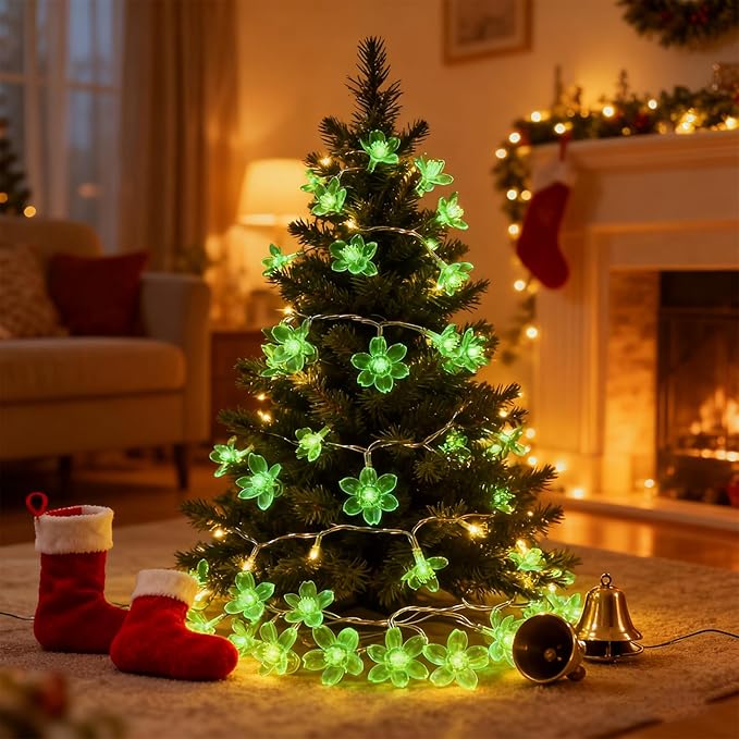 USB Battery Operated Flower String Lights, 10ft 30LED Fairy Cherry Blossom Light with Timer, Decorative Artificial Floral Lamp Indoor Bedroom Dorm Classroom Party Christmas Birthday Decor (Green)