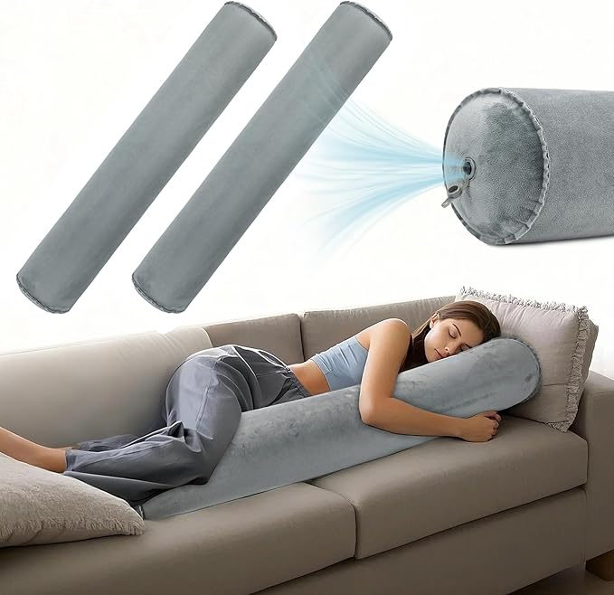 ONTYZZ Inflatable Long Body Pillow, Long Pillow for Bed, Oval Bolster Pillow for Good Sleeping and Back/Neck Support, 2pcs Grey