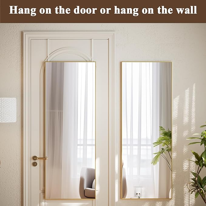 VooBang 14" x 48" Adjustable Height Over The Door Mirror - Rectangular Full Length Hanging Door Mirror with Shatterproof Tempered Glass Gold Metal Frame for Dormitory