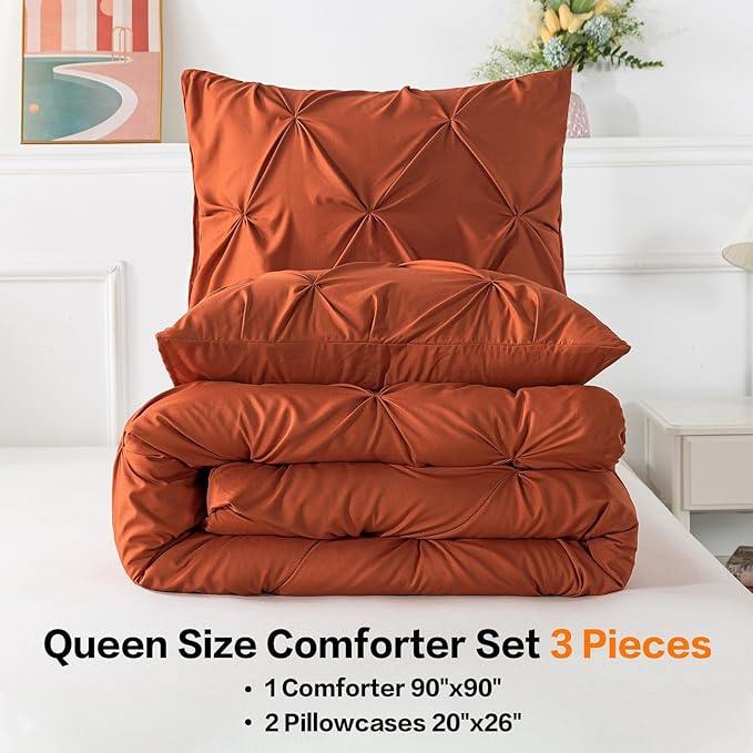 Andency Burnt Orange Queen Size Comforter Set, 3 Pieces Soft Decorative Pintuck Bedding Comforters & Sets, All Season Microfiber Lightweight Bed Set for Queen Size Bed