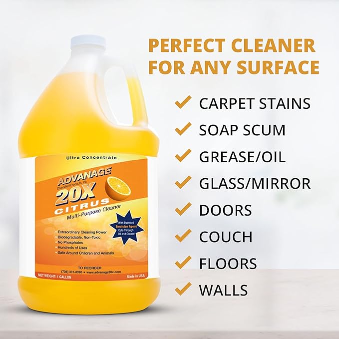 Advanage 20X Cleaner Concentrate Refill 128 oz | All Purpose Multi-Surface Cleaning Concentrate | Replace Every Household Cleaner | Natural and Citrus Scent, Human-Safe Cleaner USA Made