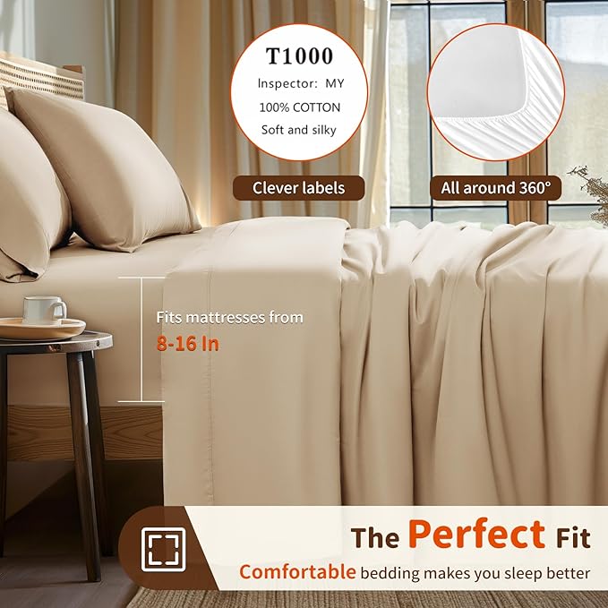 LBRO2M 1000 Thread Count 100% Egyptian Cotton Sheets Set California King Size, 4 Piece Sets Bed Sheet Deep Pocket Sheet Set 16" Soft Comfortable All Season (Clifornia King, Cream)
