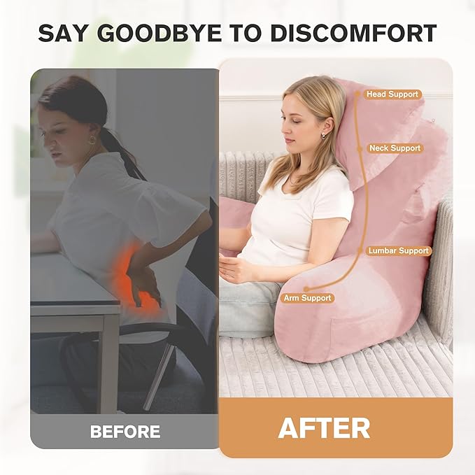 Portable Reading Pillows with Headrest for Bed Sitting Up(Pink Oeko-Tex), Velvet Back Pillow with Arms & Pockets for Adults, Support Memory Foam Bed Pillow for Dorm/Reading/Watching/Gaming