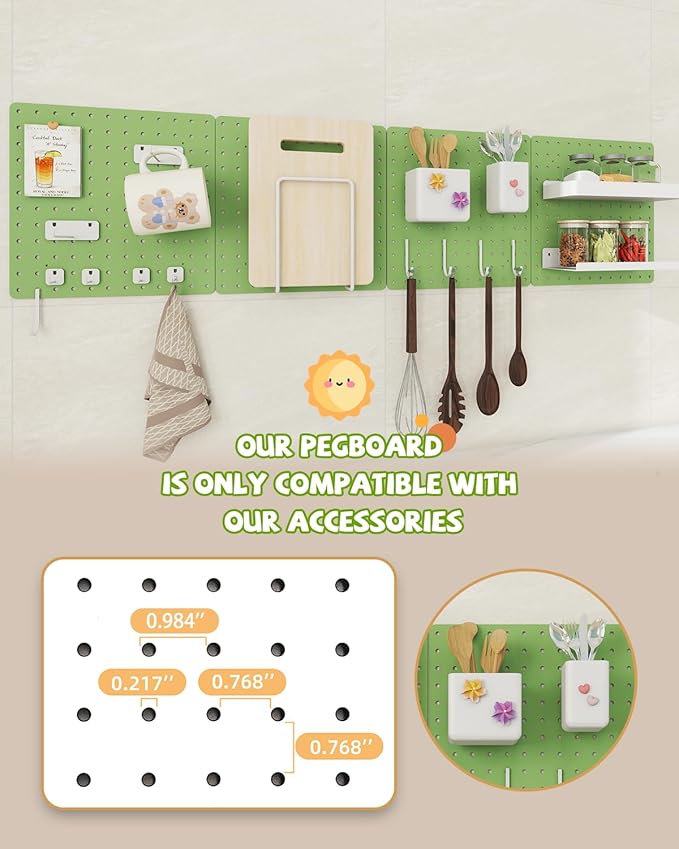Metal Pegboard Combination Kit — 4 Carbon Steel Pegboards with 26 Accessories, Pegboard Wall Organizer for Home, Office, Study Room, Kitchen, Garage & Craft Room — 24″ × 24″ Green Peg Board