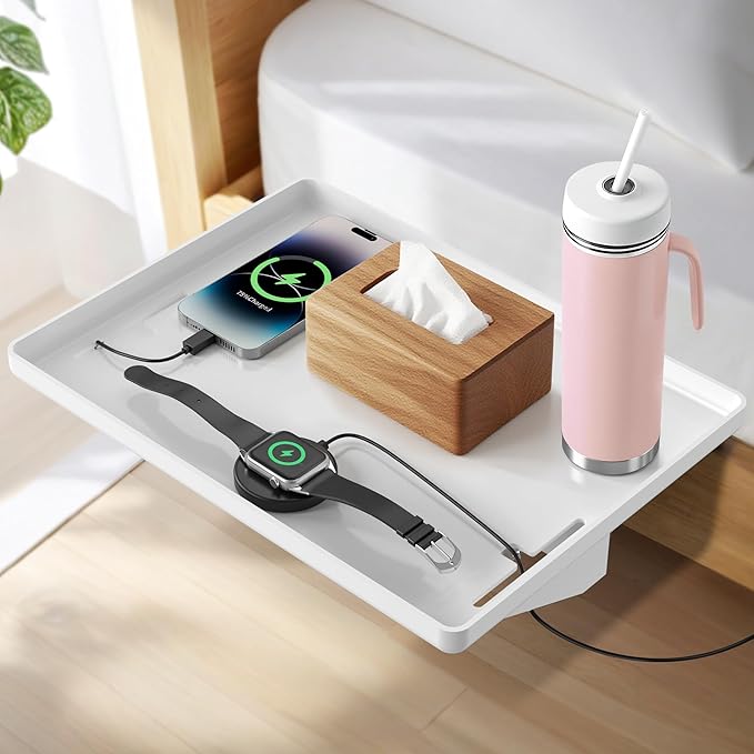 Bedside Shelf for Dorm Bunk Bed, Clip On Nightstand, Bed Side Table Tray Organizer, College Dorm Room Essentials for Girls/Guys, with Cable Management for Dormitory, Back to School (White)