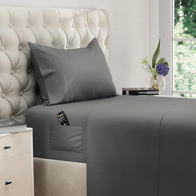 DREAMCARE Twin XL Sheet Sets – 3pcs Cooling Sheets – up to 15” Deep Pocket Twin XL Sheets Set – Hotel Luxury Sheets & Pillowcases – Superior Softness 100% Fine Microfiber with Side Pocket – Dark Gray DREAMCARE