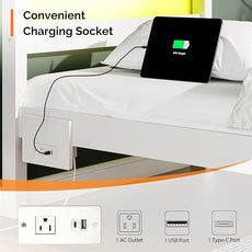 VINGLI Solid Wood Twin Bed Frame with LED Lights & USB Charging Station,Kids Platform Bed with Storage Headboard Shelf, Underbed Storage Drawer,White