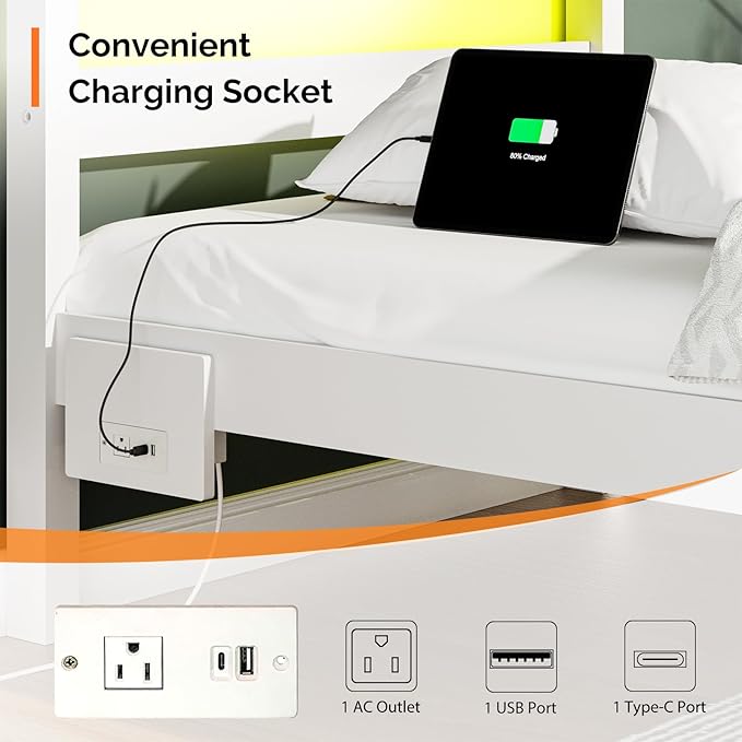 VINGLI Solid Wood Twin Bed Frame with LED Lights & USB Charging Station,Kids Platform Bed with Storage Headboard Shelf, Underbed Storage Drawer,White