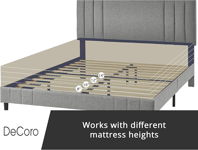 Decoro Chicago Modern Tufted Upholstered Platform Queen Size Bed Frame, Grey