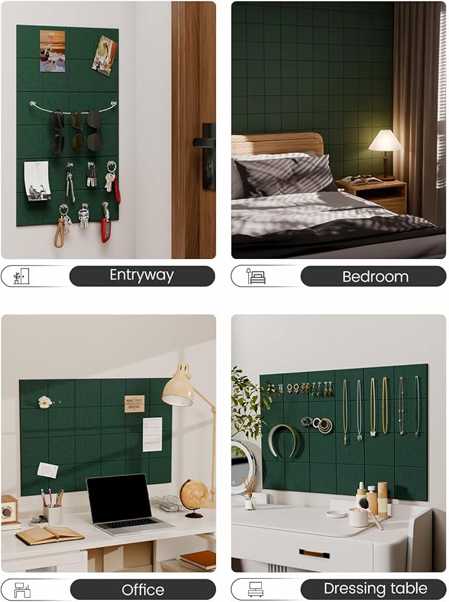 Felt Bulletin Board Tiles -28"x18" Cork Board Alternative for Office Decor, Push Pin Board Wall Organizer 6-Pack -Pine Green