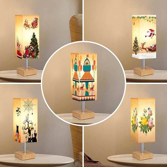 aooshine Wood Grain Table Lamp for Bedroom - Bedside Lamp for Nightstand, Minimalist Night Stand Light Lamp with Square Fabric Shade, Desk Reading Lamps for Kids Room Living Room Office Dorm
