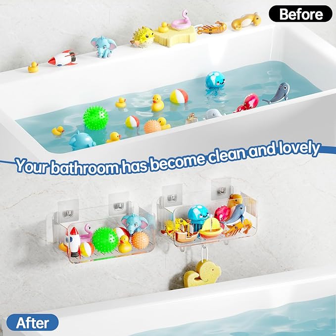 Bath Toy Storage Holder, 2 Pack Large Capacity Clear Adhesive Shower Caddy & Bathtub Organizer with Quick-Dry Holes, No Drill Wall Mounted for Bathroom, Kitchen