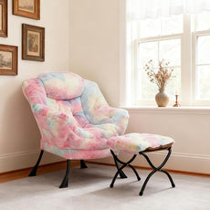 HollyHOME Lazy Chair with Foldable Ottoman, Accent Comfy Lounge Armchair and Folding Footrest Stool, Leisure Sofa Reading Chair and Footstool for Living Room, Bedroom, Dorm,Faux Fur Rainbow