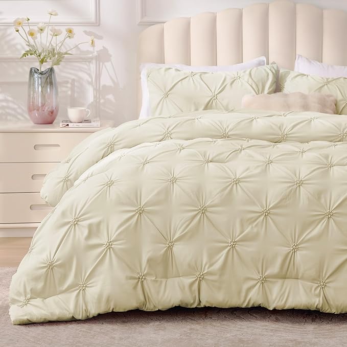 BEDELITE Beige Queen Comforter Set - 3 Pieces Boho Pintuck Bedding Comforter Sets, Lightweight Soft & Warm Bed Comforter Queen with 2 Pillowcases for All Season