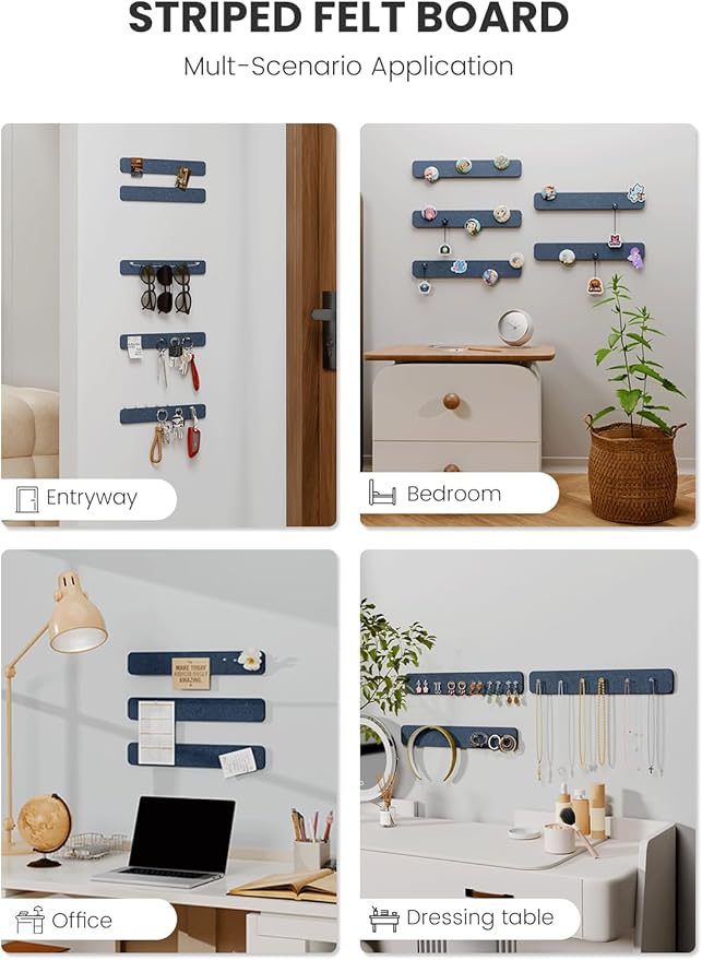 Cork Board Alternative Felt Strip Board 5-Pack 13"x2", Office Pin Board with 35 Push Pins, Adhesive Install for Bedroom Door & Home Office(Denim Blue)