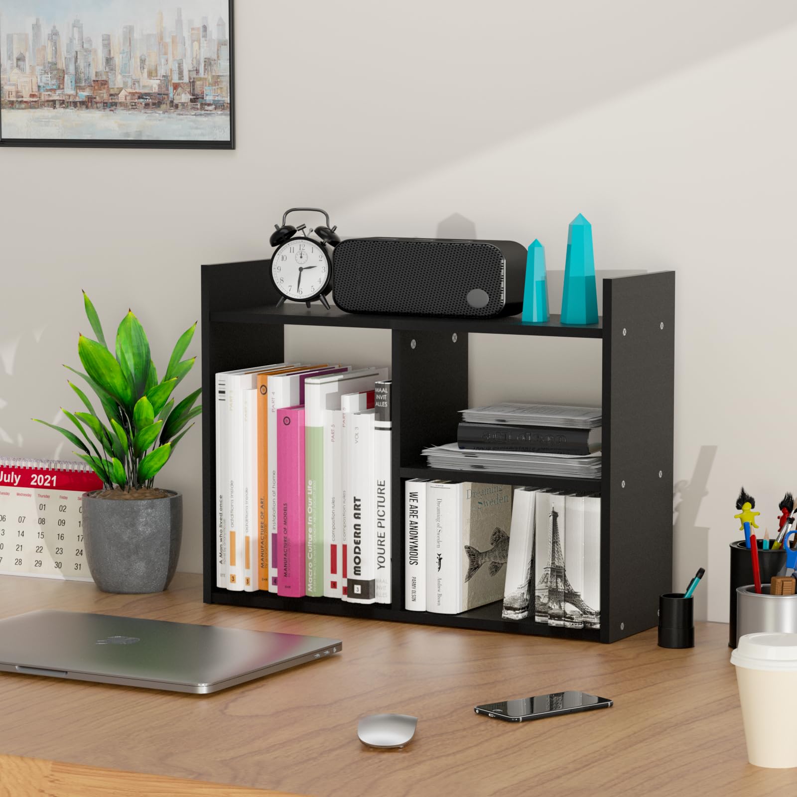 Jerry & Maggie Desktop Organizer Office Storage Rack Adjustable Wood Display Shelf Free Style Double H, Multi-Functional Mini Bookshelf for Desk Natural Stand (Violet) Dormly