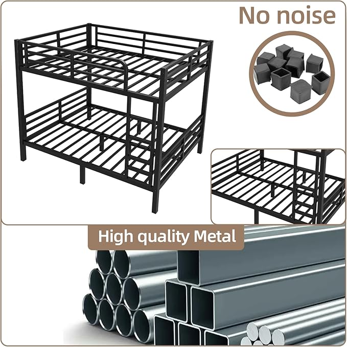 Full Over Full Bunk Bed, Metal Bunk Bed Frame Heavy Duty Bunk Beds Loft Bed Frame with Ladder and Guardrail Metal Slats No Box Spring Required for Adults Teens, Black