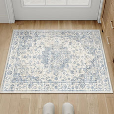 2x3 Washable Neutral Area Rug Blue Vintage Entryway Kitchen Carpet Non-Slip Soft Low Pile Floral Indoor Small Throw Rug for Bedroom Bathroom Entrance