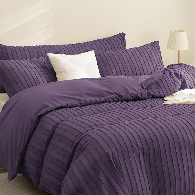 JELLYMONI Duvet Cover King Size Purple - 3PCS Boho Striped Duvet Cover Set Polyester Tufted Bohemian Textured Comforter Cover 104×90in with Corner Ties & Zipper and 2 Pillowcases
