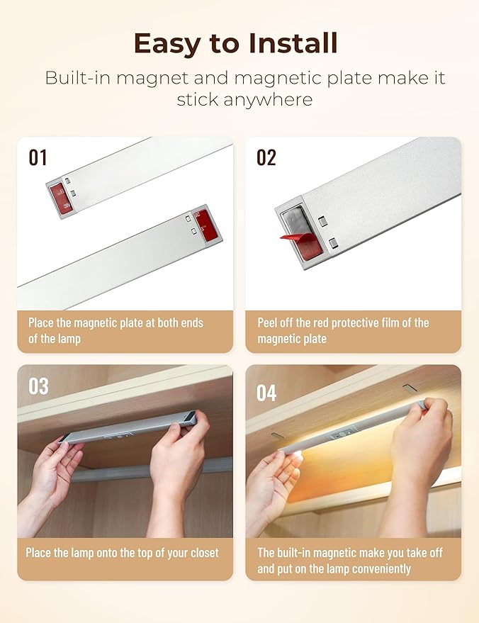 Joyzy Automatic Motion Sensor Closet Lighting with Eye-Protection Design, LED Closet Lights for Under Cabinet Wireless Light, Rechargeable Wardrobe Pantry Lights (2pack with Warm Lighting)