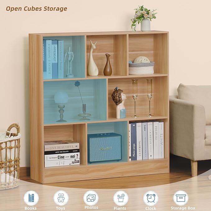 LEYAOYAO 8 Cube Bookshelf with Wood Base,Natural 3 Tier Mid-Century Modern Bookcase,Standing Wide Bookshelves Storage Organizer Shelf,Rustic Display Cabinet Book Shelves for Bedroom,Living Room