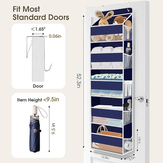 1 Pack Over The Door Organizer, Hanging Storage Organizer with Clear Window, 40lb Ultra Sturdy Large Capacity Room Organizer for Pantry Laundry Bathroom Nursery Closet (Blue)