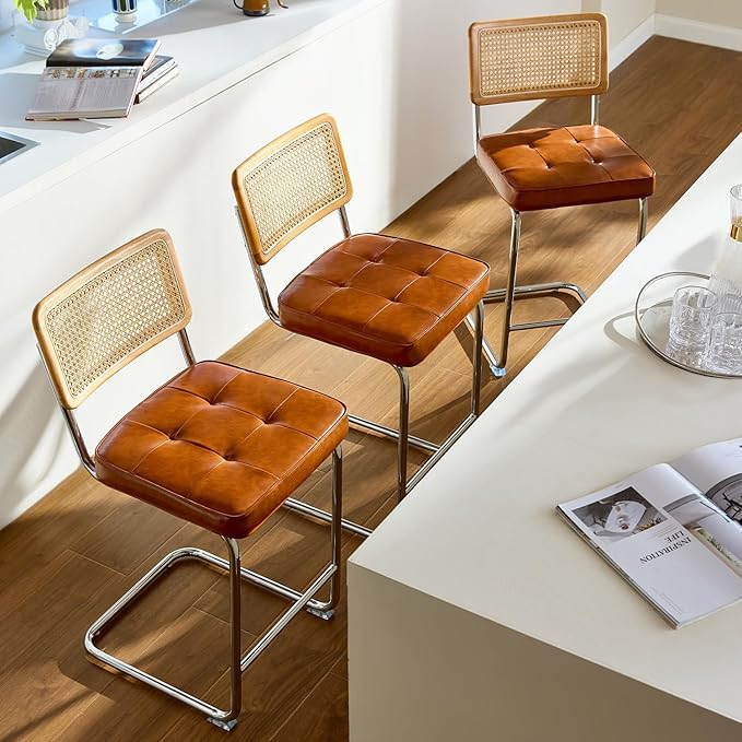 Natural Rattan Bar Stools Set of 3 with Solid Wood Back, 29 Inch Mid Century Modern Counter Height Stools, Brown Faux Leather Upholstery Boho Stool for Kitchen Counter with Chrome Metal Legs