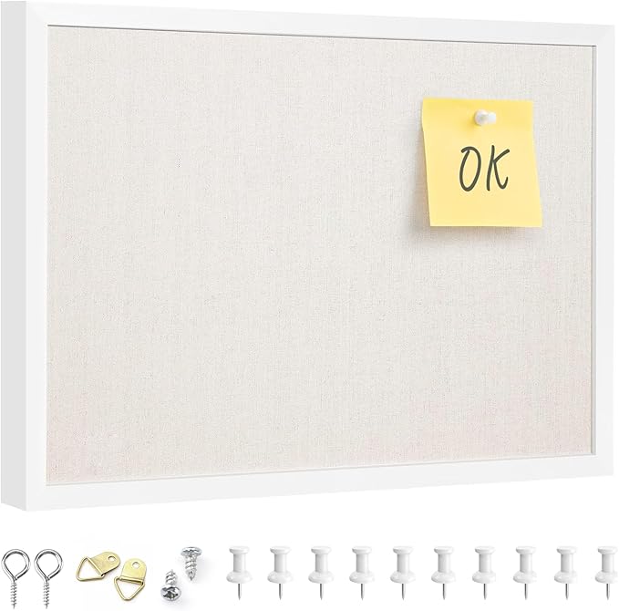 OWLKELA 11"x14.6" inch Bulletin Board with Linen, White Wood Style Frame, with 10 Pushpins, Linen Cork Board, Ideal for School, Home & Office
