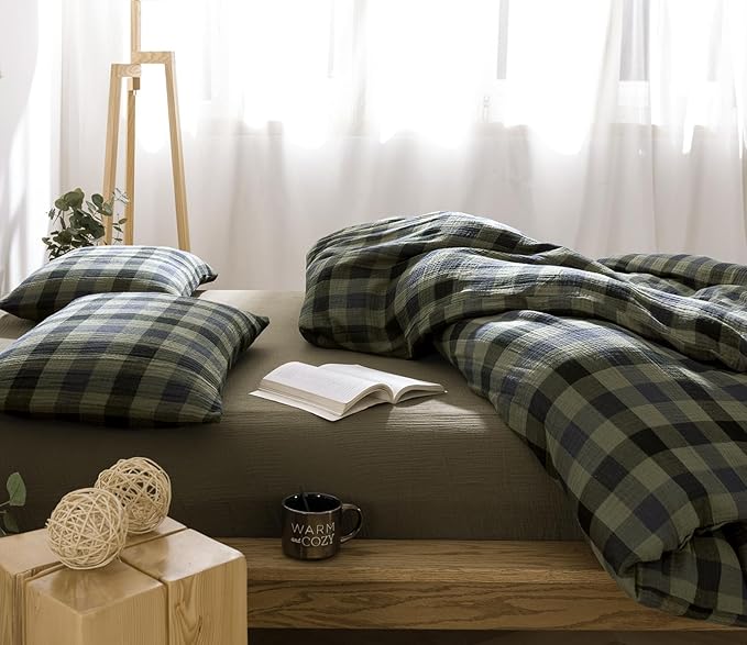 VM VOUGEMARKET Cotton Muslin Duvet Cover Queen Amy Green Plaid Bedding Set Soft Breathable Linen Like Gauze Comforter Cover with Zipper Closure for Teen Men,90"x90"